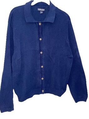 Lands' End  End Navy Cardigan Sweater Medium 100% Cotton Collar Oversized